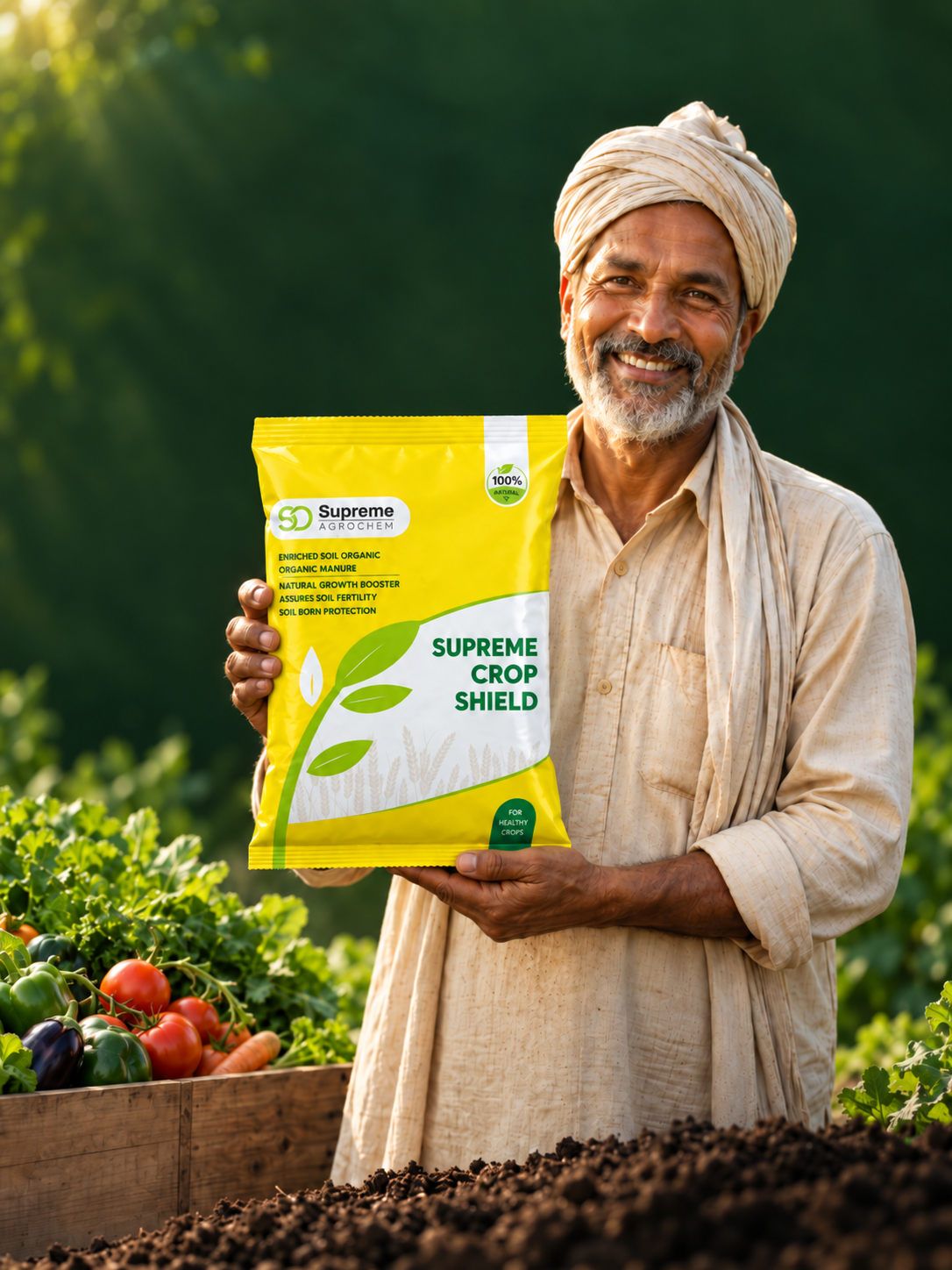 Farmer holding Supreme Crop Shield