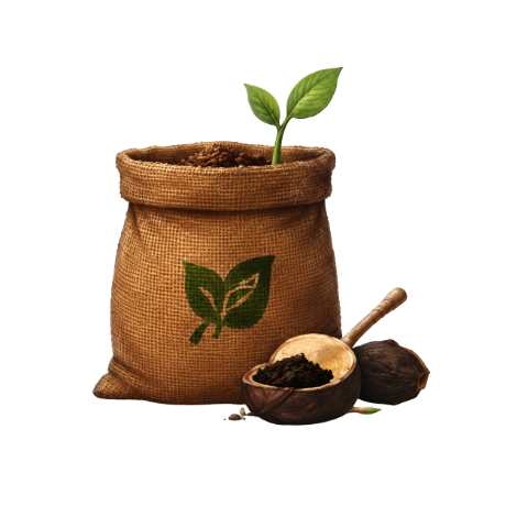 Sack of organic compost with a seedling