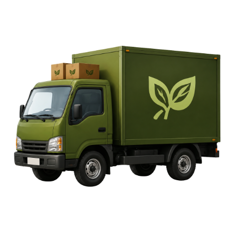 Green delivery truck with produce boxes