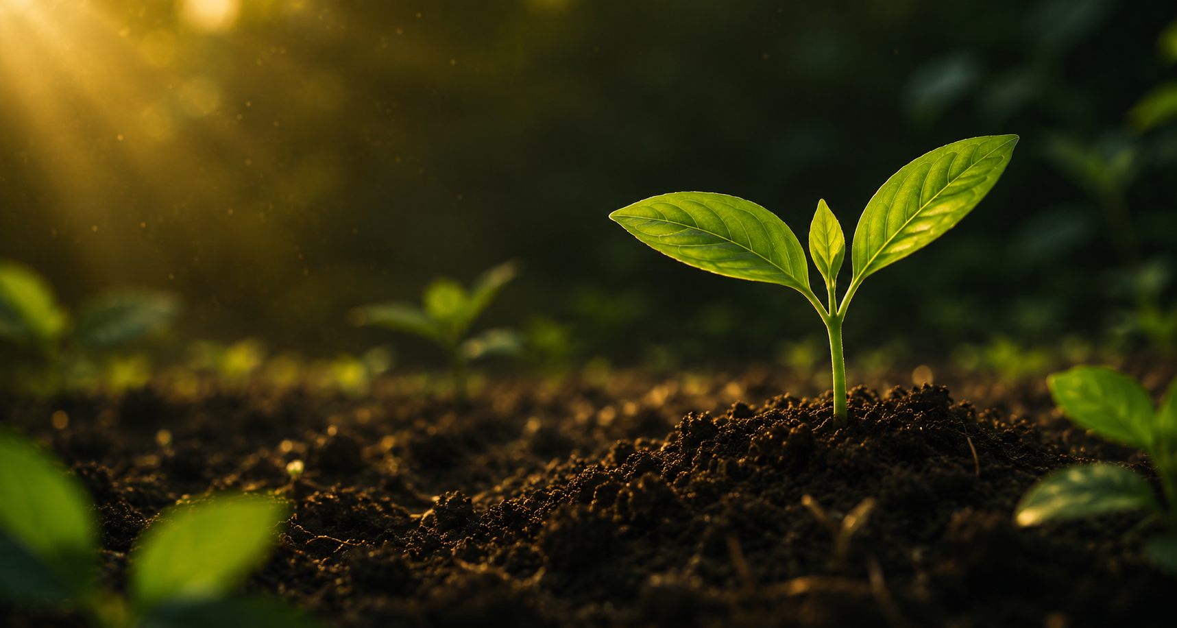 A young sprout rising from dark soil in golden backlight